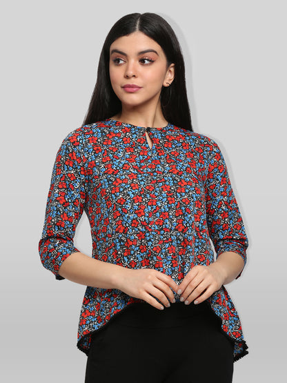 Black & Red Floral Print Keyhole Neck High-Low Top