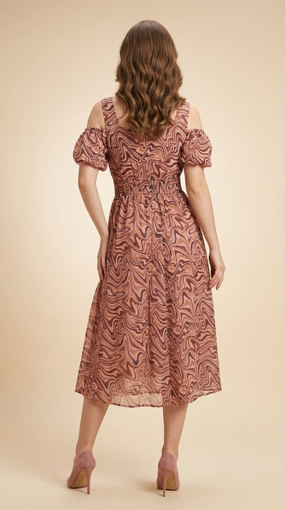Women Fit and Flare Brown Below Knee Dress