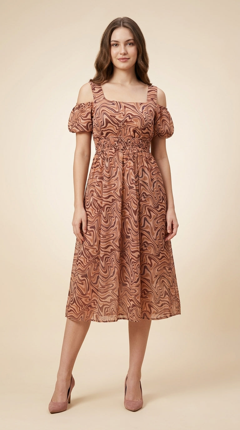 Women Fit and Flare Brown Below Knee Dress