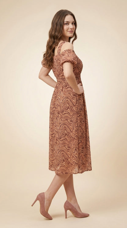 Women Fit and Flare Brown Below Knee Dress