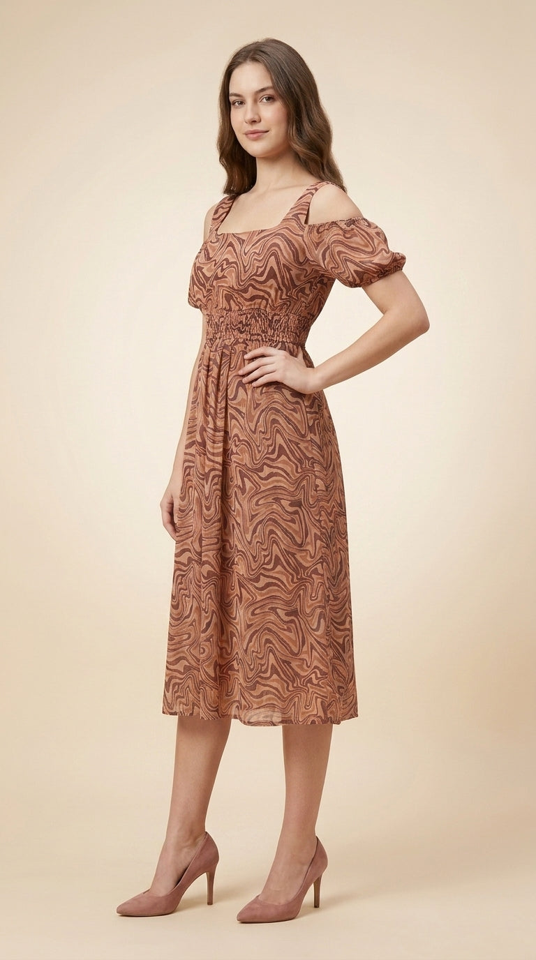 Women Fit and Flare Brown Below Knee Dress