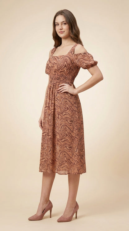 Women Fit and Flare Brown Below Knee Dress
