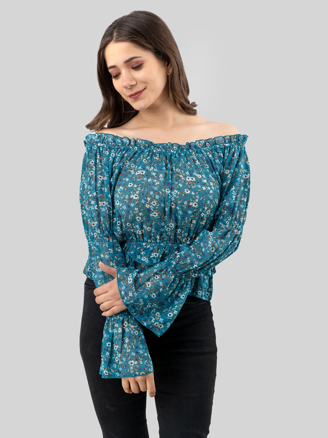 Casual Regular Sleeves Printed Women Blue Top
