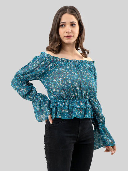 Casual Regular Sleeves Printed Women Blue Top