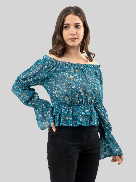 Casual Regular Sleeves Printed Women Blue Top