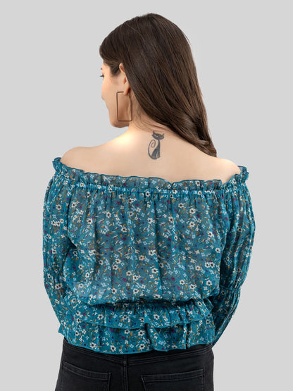 Casual Regular Sleeves Printed Women Blue Top
