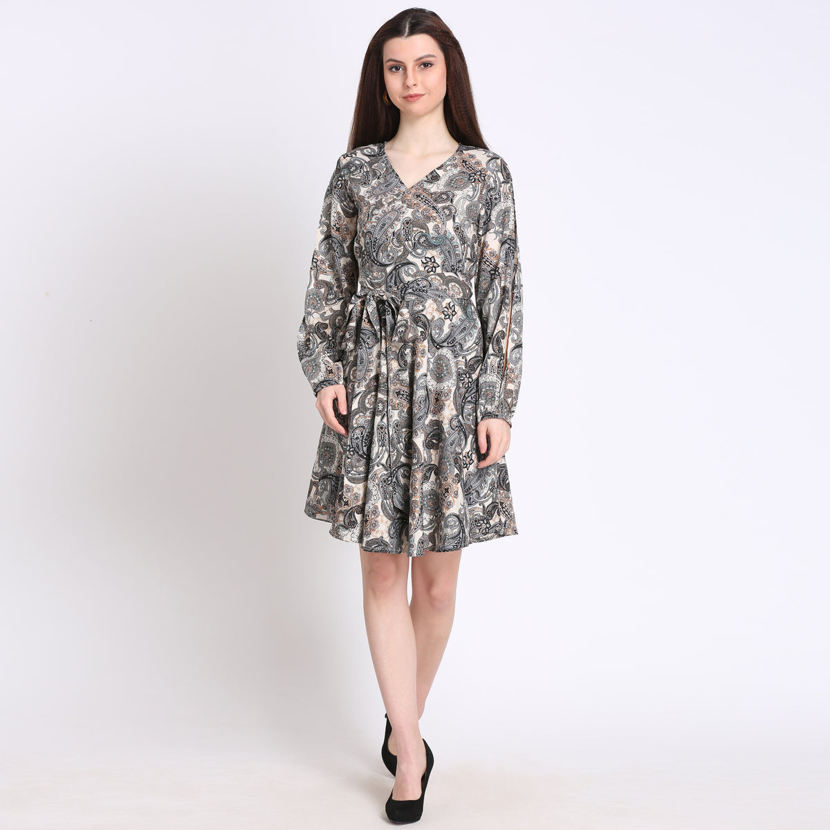 Women Wrap Grey Above Knee/Mid Thigh Length Dress