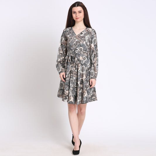 Women Wrap Grey Above Knee/Mid Thigh Length Dress