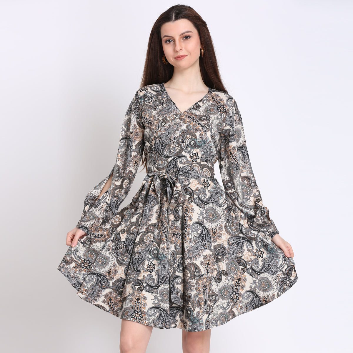 Women Wrap Grey Above Knee/Mid Thigh Length Dress