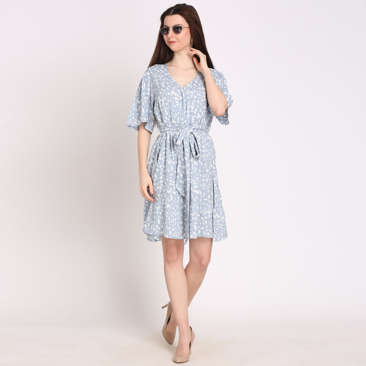 Women Wrap Light Blue Above Knee/Mid Thigh Length Dress