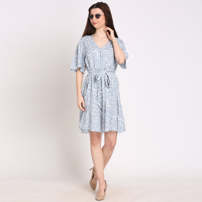 Women Wrap Light Blue Above Knee/Mid Thigh Length Dress
