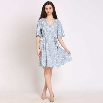 Women Wrap Light Blue Above Knee/Mid Thigh Length Dress