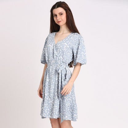 Women Wrap Light Blue Above Knee/Mid Thigh Length Dress