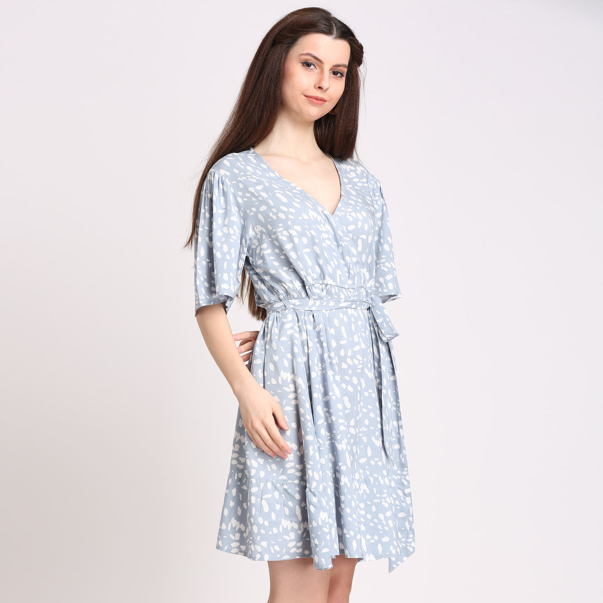 Women Wrap Light Blue Above Knee/Mid Thigh Length Dress