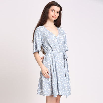 Women Wrap Light Blue Above Knee/Mid Thigh Length Dress