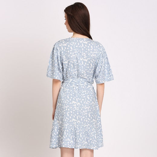 Women Wrap Light Blue Above Knee/Mid Thigh Length Dress