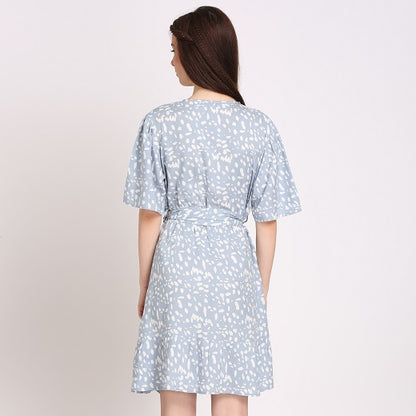 Women Wrap Light Blue Above Knee/Mid Thigh Length Dress