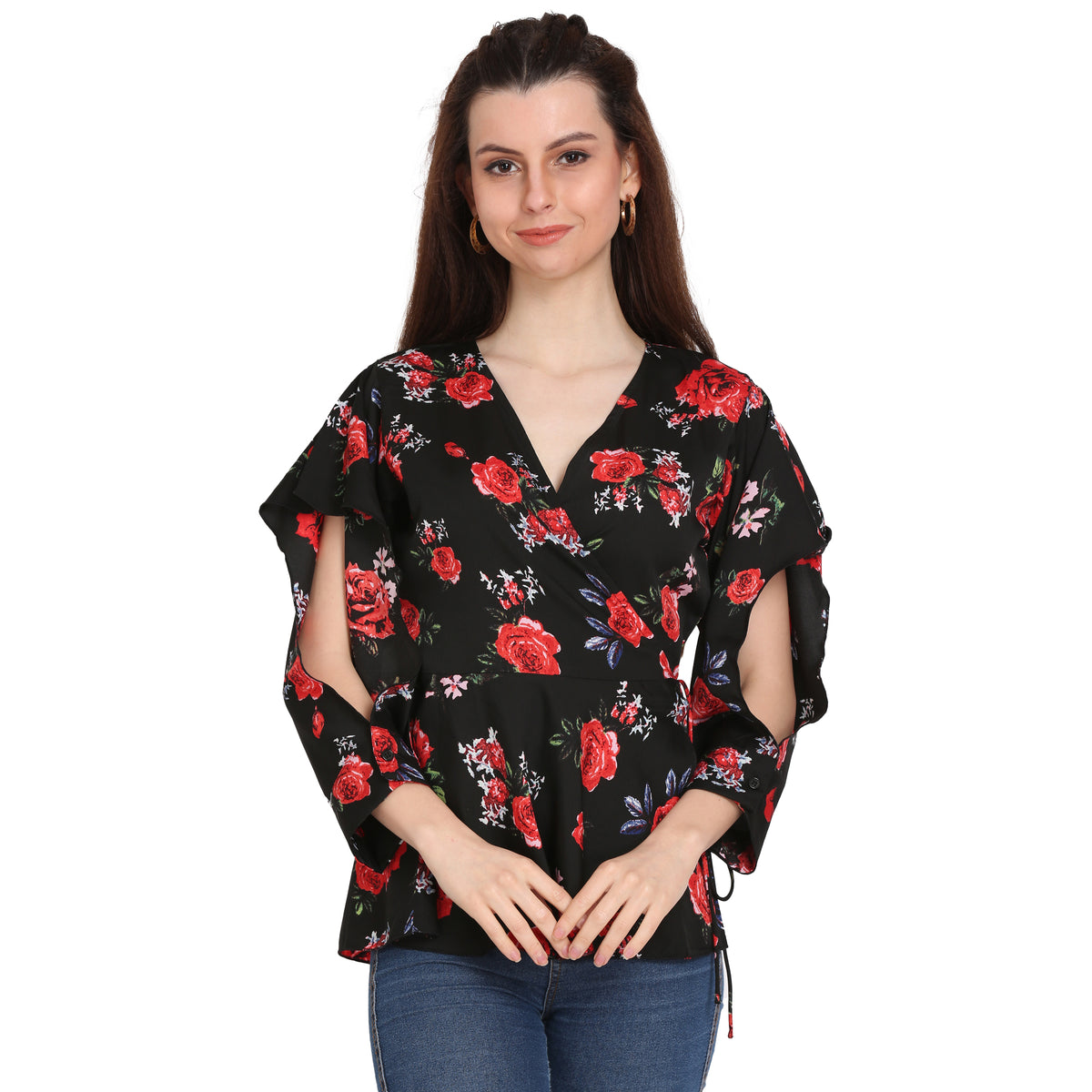 Casual Slit Sleeves Solid Women Black Top