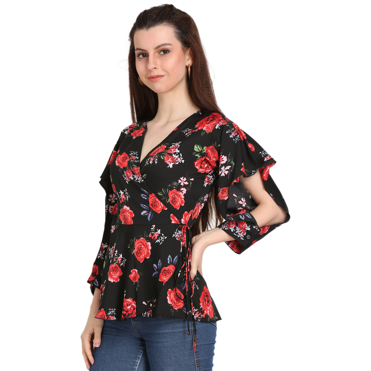 Casual Slit Sleeves Solid Women Black Top