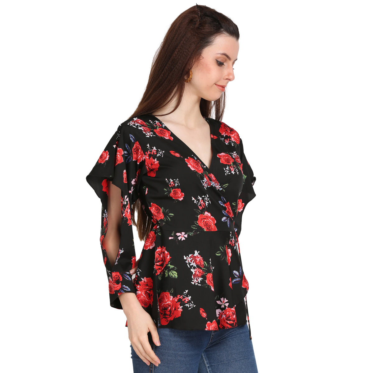 Casual Slit Sleeves Solid Women Black Top