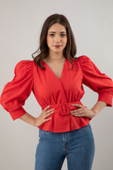 Women's Red Belted Peplum Top