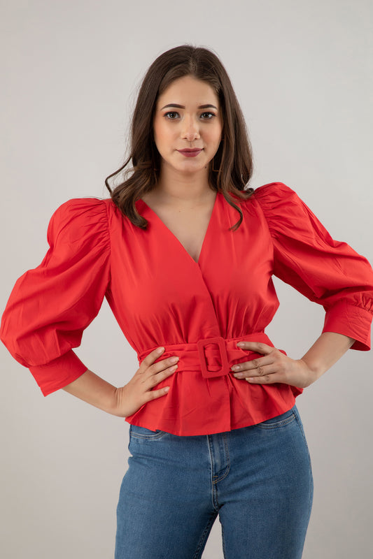 Women's Red Belted Peplum Top