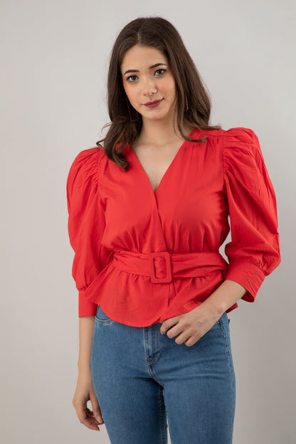 Casual Puff Sleeves Solid Women Red Top