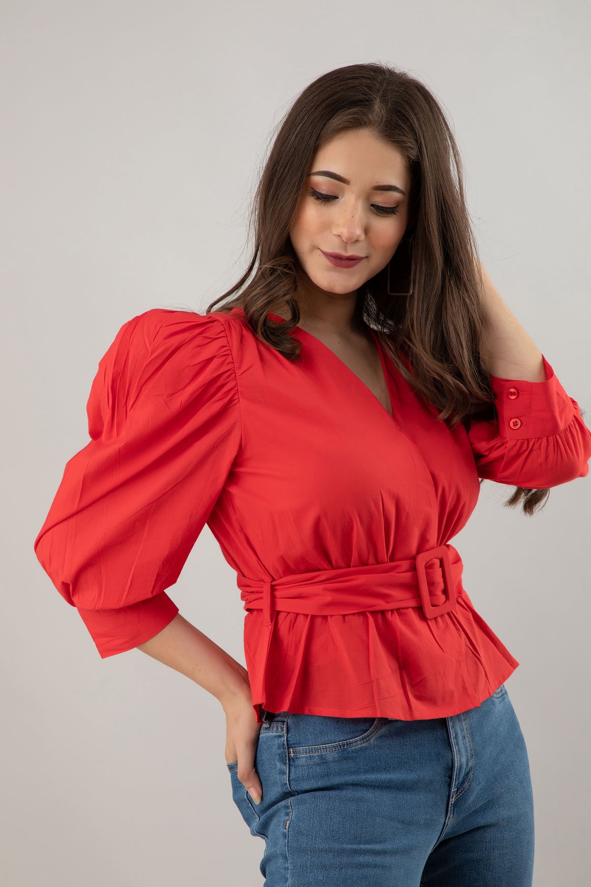 Casual Puff Sleeves Solid Women Red Top