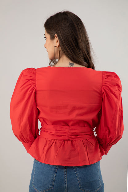 Casual Puff Sleeves Solid Women Red Top