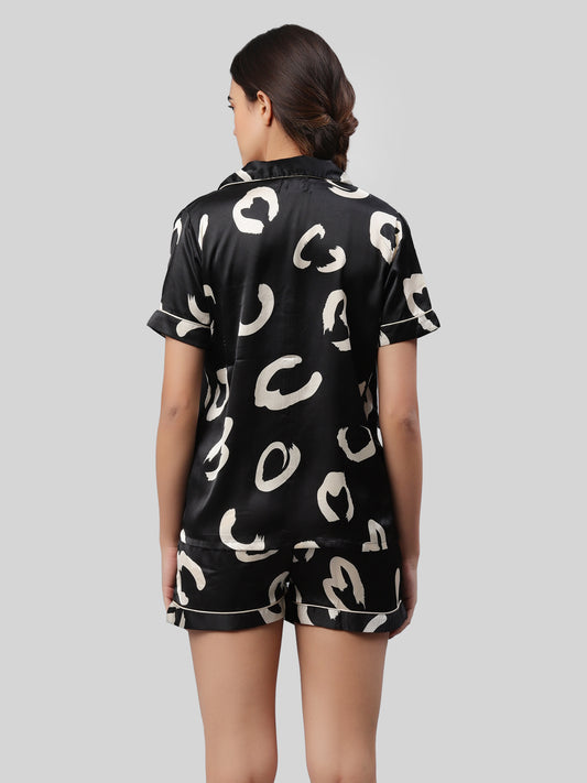 Women Top & Shorts Set Black Printed