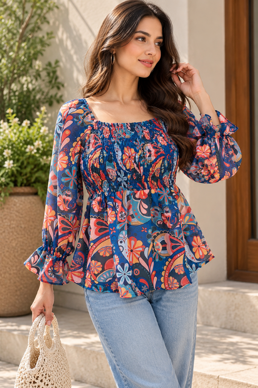 Women's Blue Paisley Smocked Peplum Top