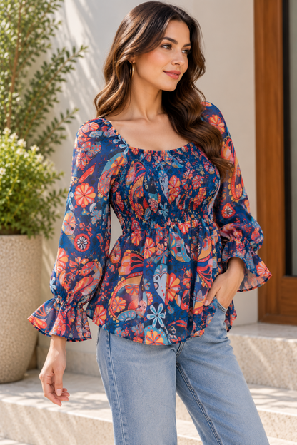Women's Blue Paisley Smocked Peplum Top
