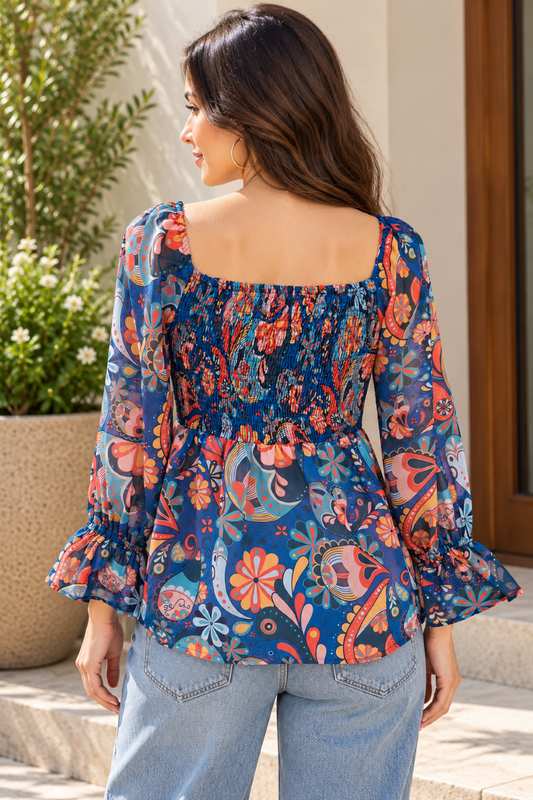 Women's Blue Paisley Smocked Peplum Top