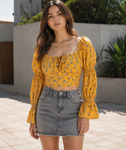 Casual Puff Sleeves Printed Women Yellow Top