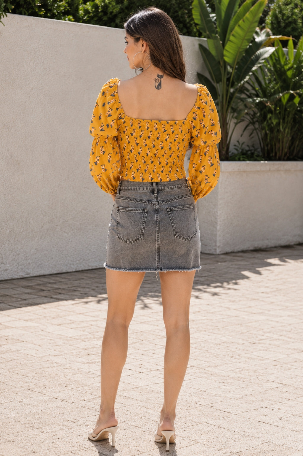 Casual Puff Sleeves Printed Women Yellow Top