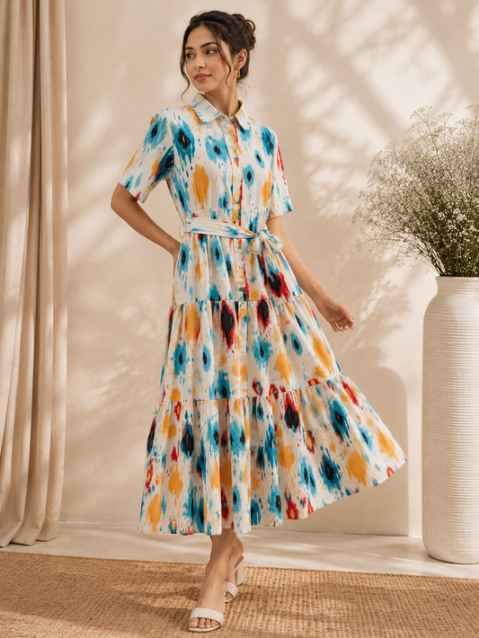 Women's Multicolor Abstract Print Short Sleeve Midi Shirt Dress