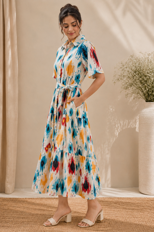 Women's Multicolor Abstract Print Short Sleeve Midi Shirt Dress