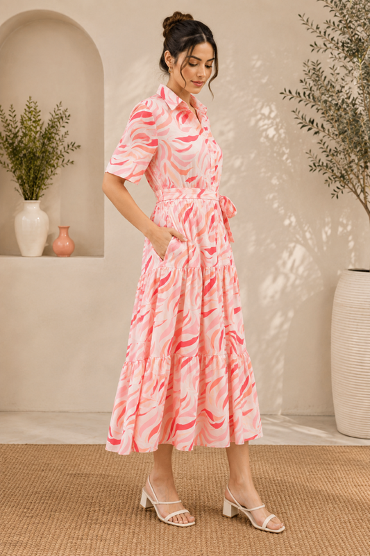 Women's Pink Abstract Print Short Sleeve Midi Shirt Dress