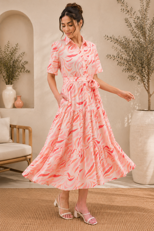 Women's Pink Abstract Print Short Sleeve Midi Shirt Dress