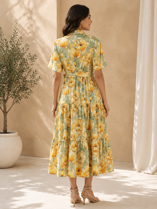 Women's Yellow Floral Print Short Sleeve Midi Shirt Dress