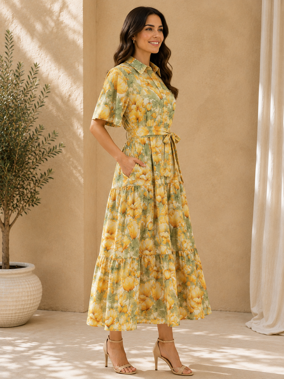 Women Gathered Yellow Midi/Calf Length Dress