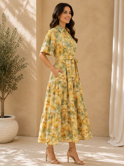 Women Gathered Yellow Midi/Calf Length Dress