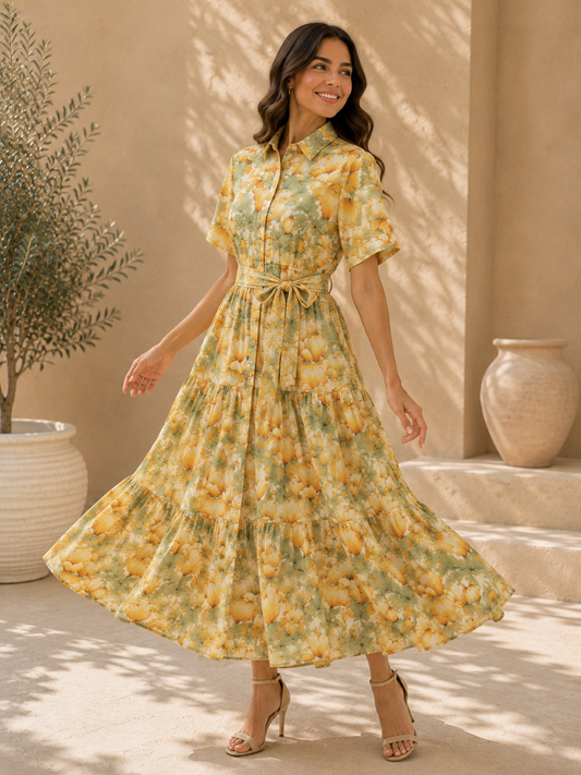 Women's Yellow Floral Print Short Sleeve Midi Shirt Dress
