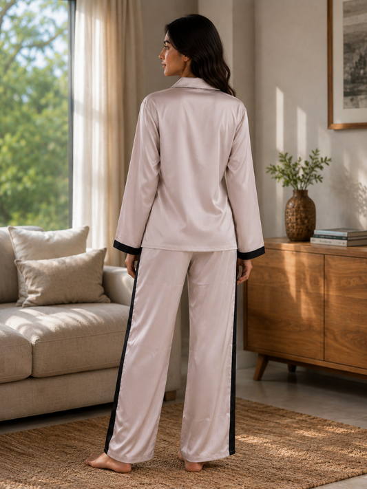 Women's Beige Solid Shirt & Pyjama Night Suit Set
