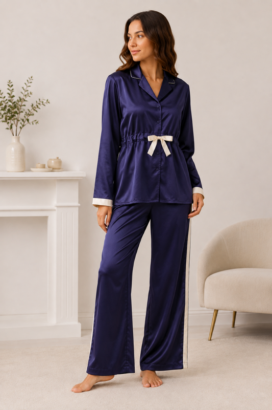 Women's Blue Solid Collared Shirt & Pyjama Night Suit Set