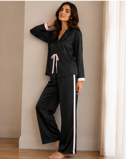Women Shirt & Pyjama set Black Solid