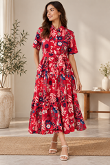 Women's Red Floral Print Short Sleeve Midi Shirt Dress