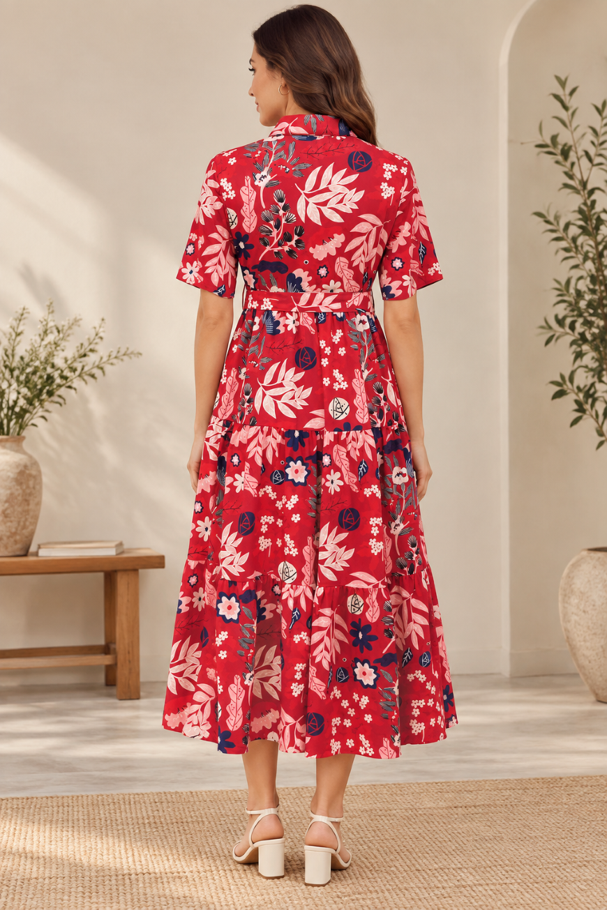 Women Gathered Red Midi/Calf Length Dress