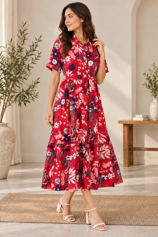 Women's Red Floral Print Short Sleeve Midi Shirt Dress