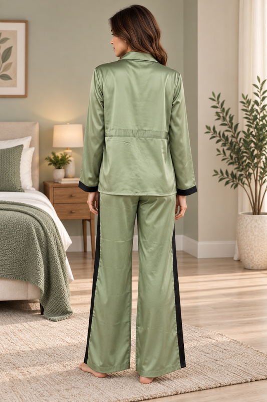 Women's Green Solid Collared Shirt & Pyjama Night Suit Set (Style PLTPJSL022)
